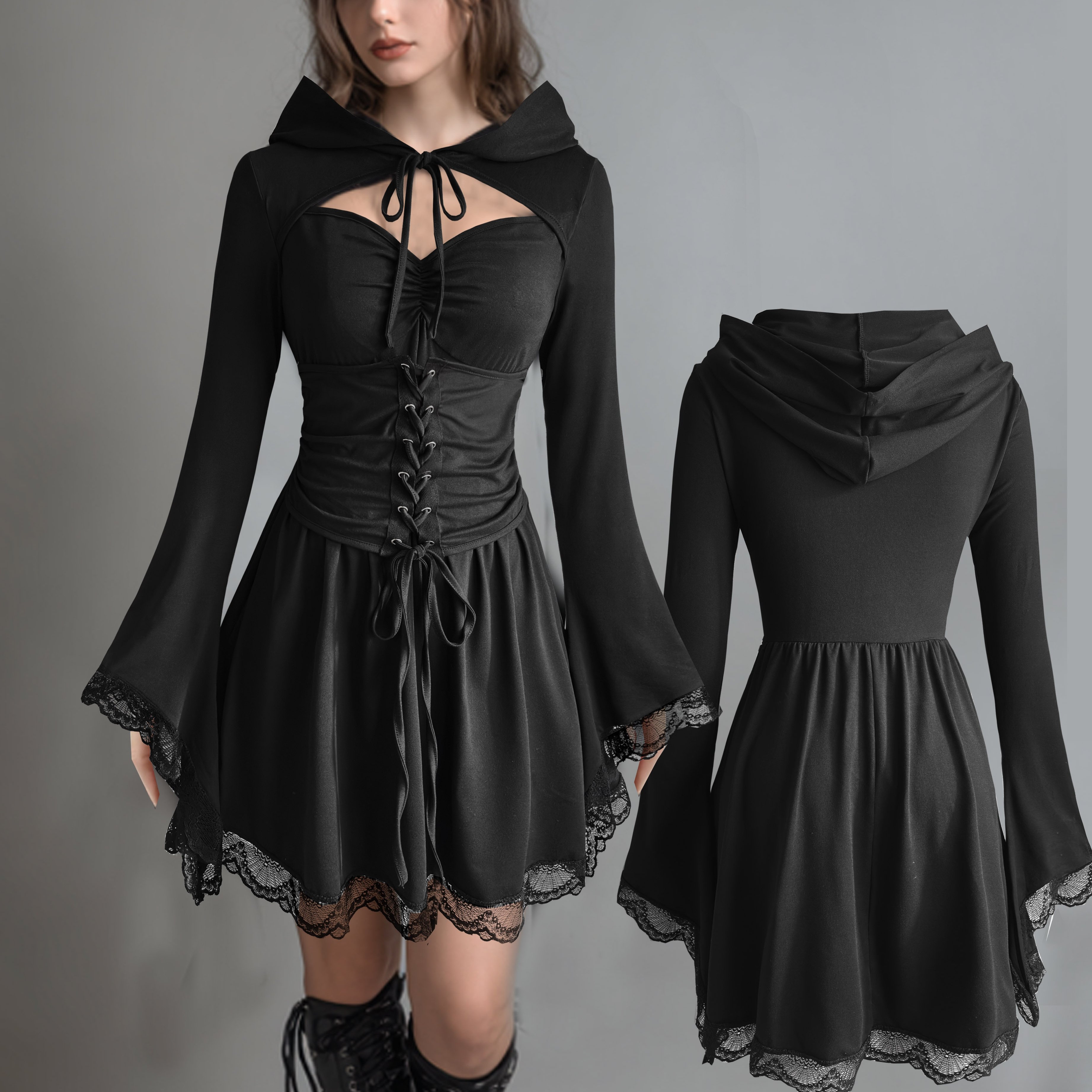 Image of Vintage Lace-trimmed V-neck Hooded Maxi Dress With Flared Sleeves, Eyelet Detailing, Tie-waist Design, And Lace- V-neck For A 2-in-1 Slim-fit Look