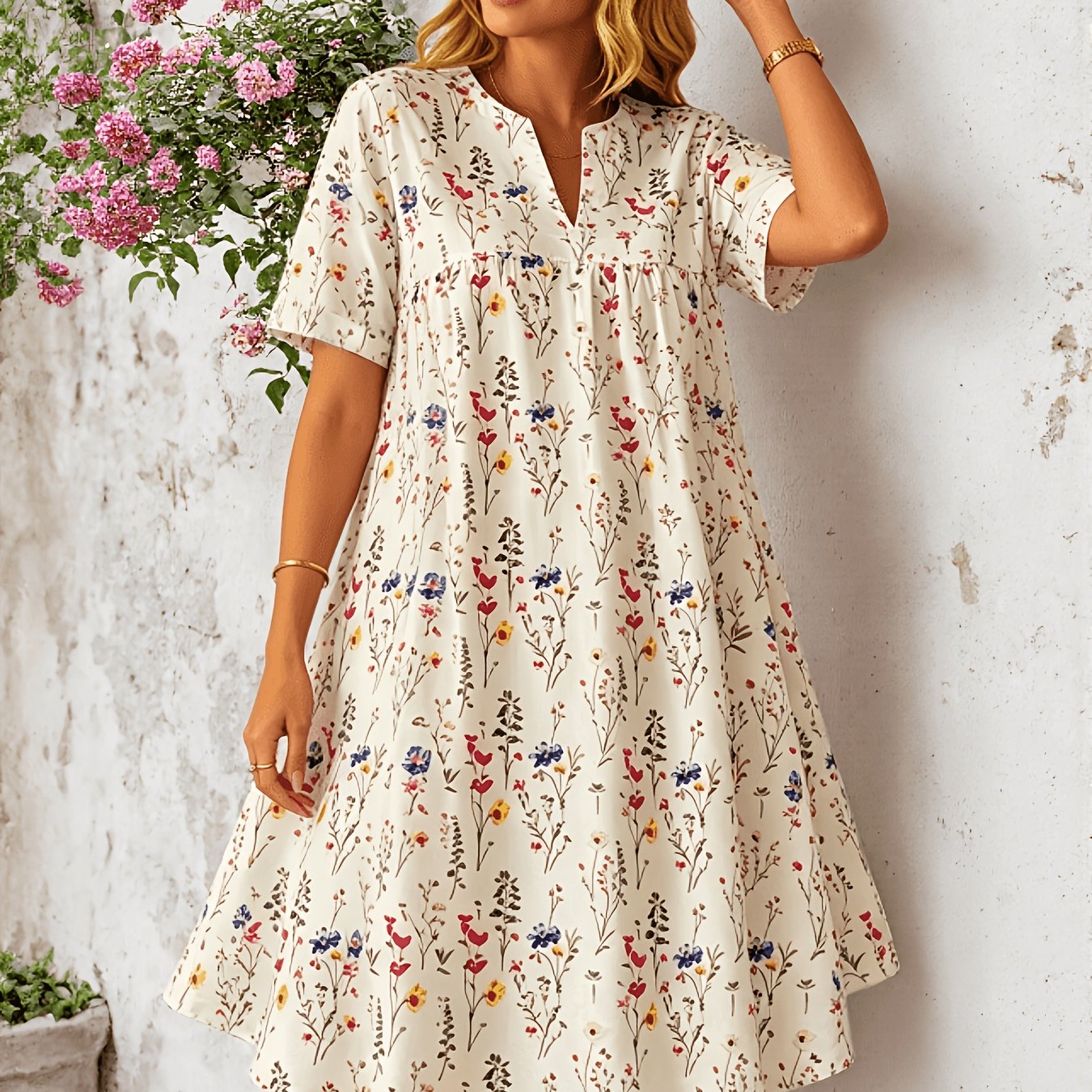 TEMU Latest Women's V-neck Trendy Floral Print Suitable For Casual Outfits
