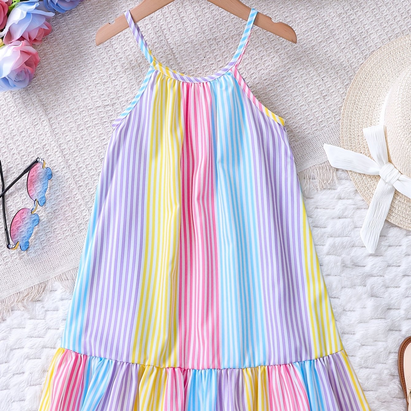 Girls' Summer Contrast Striped Creative Hem Camisole Dress