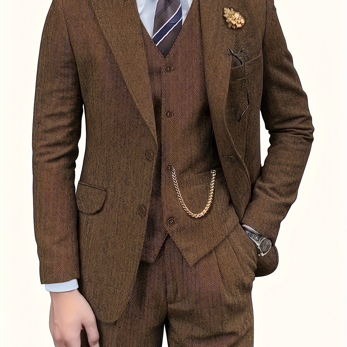 TEMU Men's 3pcs Tweed Suit - Herringbone Blend Vintage Men's Wedding Suit, Elegant Vintage Suit Jacket   Vest   Pants For Formal Events And Business