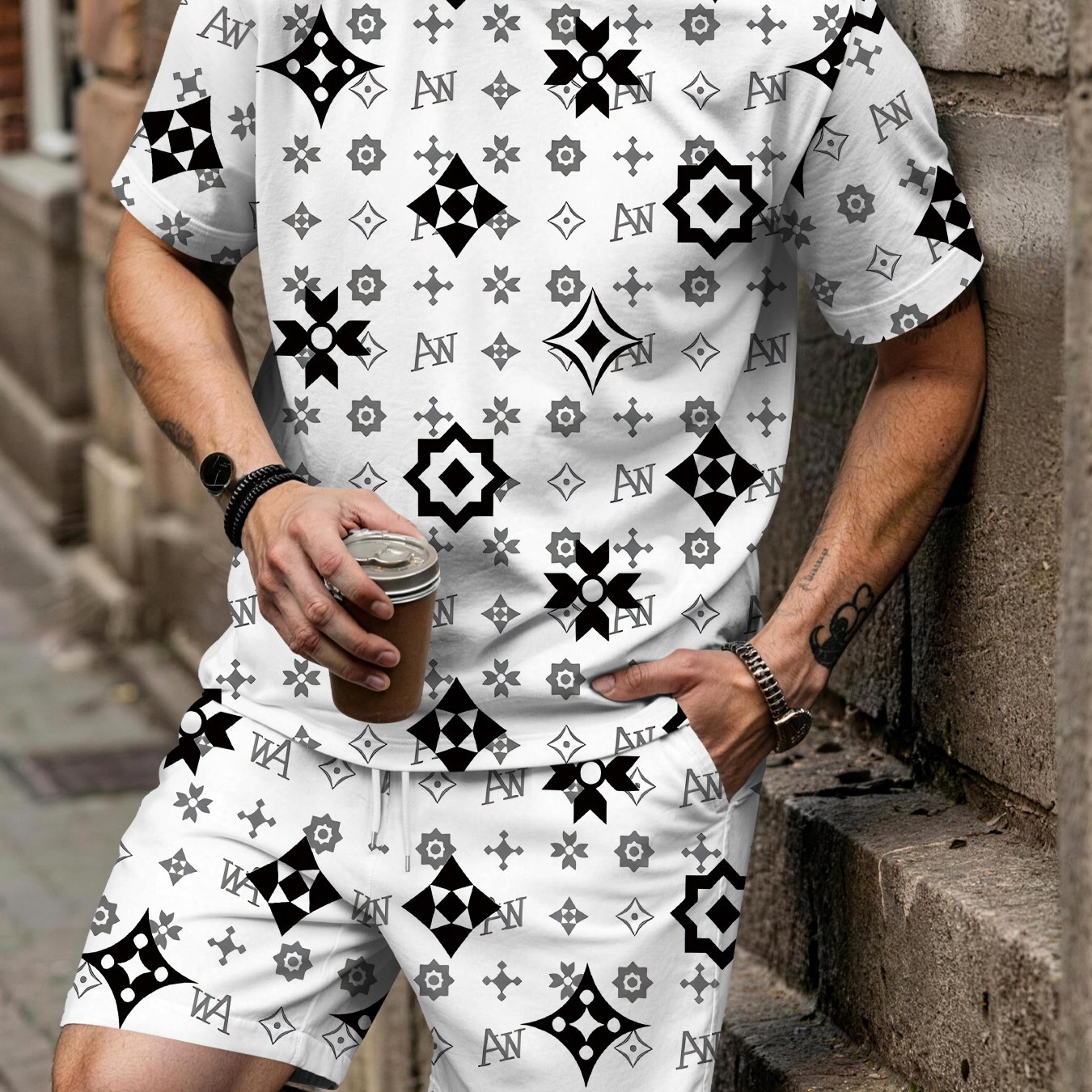 TEMU Men's Spring/summer Casual Short-sleeve Set, Light Luxury Geometric Print Short-sleeve Set, Trendy Short-sleeve And Shorts Set, Fashion,