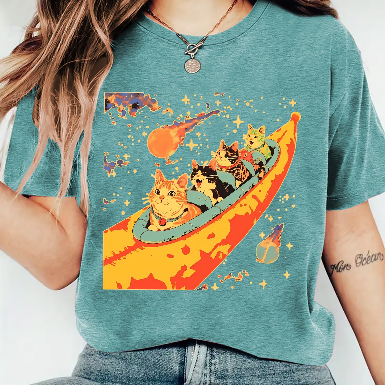 TEMU Women's Retro Space Cat T-shirt With Banana Spaceship & Multi-cat Vintage Print - Crew Neck Short Sleeve -compatible Top Suitable For Sports,