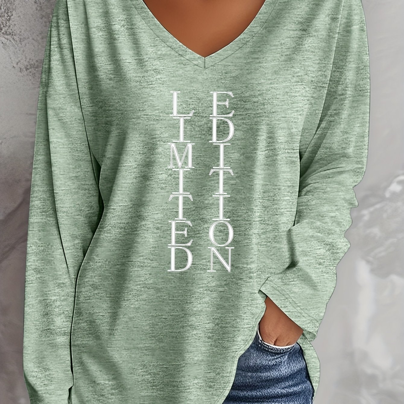 TEMU Plus Size - Plus Size - Frühling und Sommer Plus Size Damenmode Buchstabenprint Lässiges Langarm V-Ausschnitt T-Shirt, Rayonanteil - Weich und