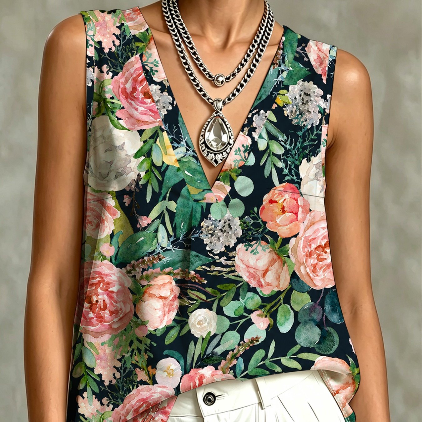 TEMU Rose Green Plant Print V-neck Sleeveless Top, Retro Vest, Breathable And Flowing, Casual Streetwear, Additions Not Included