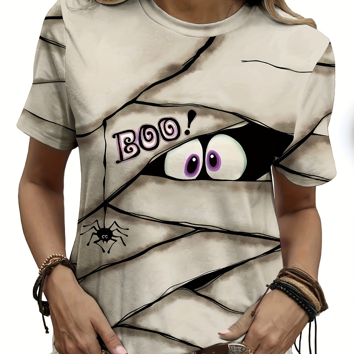 Image of Geometric Spider Print Abstract Painting Halloween Costume T-shirt, Stylish Casual Shirt, New Women's Holiday Short-sleeve Top