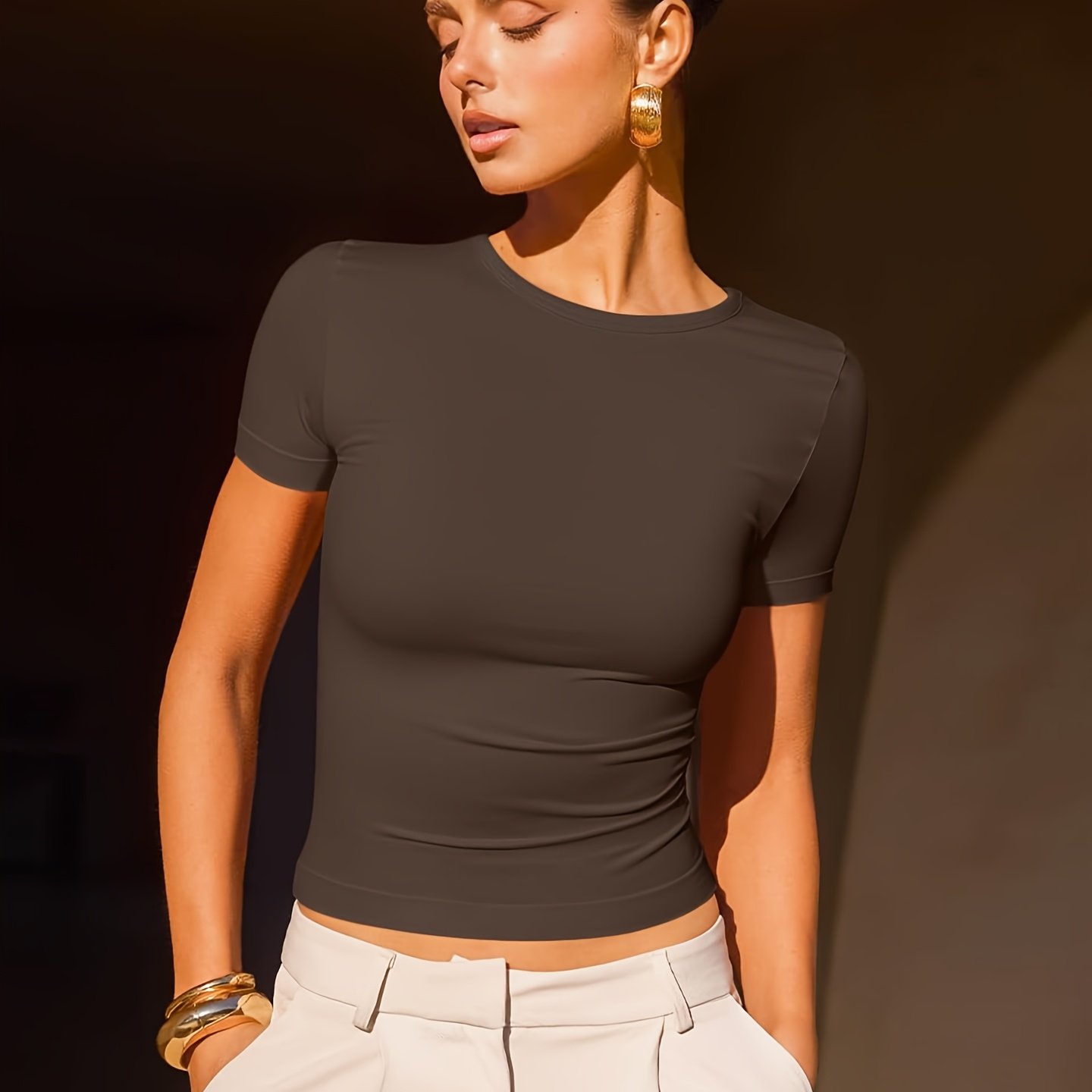 TEMU Women's High Elasticity Moisture-wicking Yoga T-shirt - Round Neck Drop Shoulder Short Sleeve Workout Top, Non-see-through Solid Color For Gym,