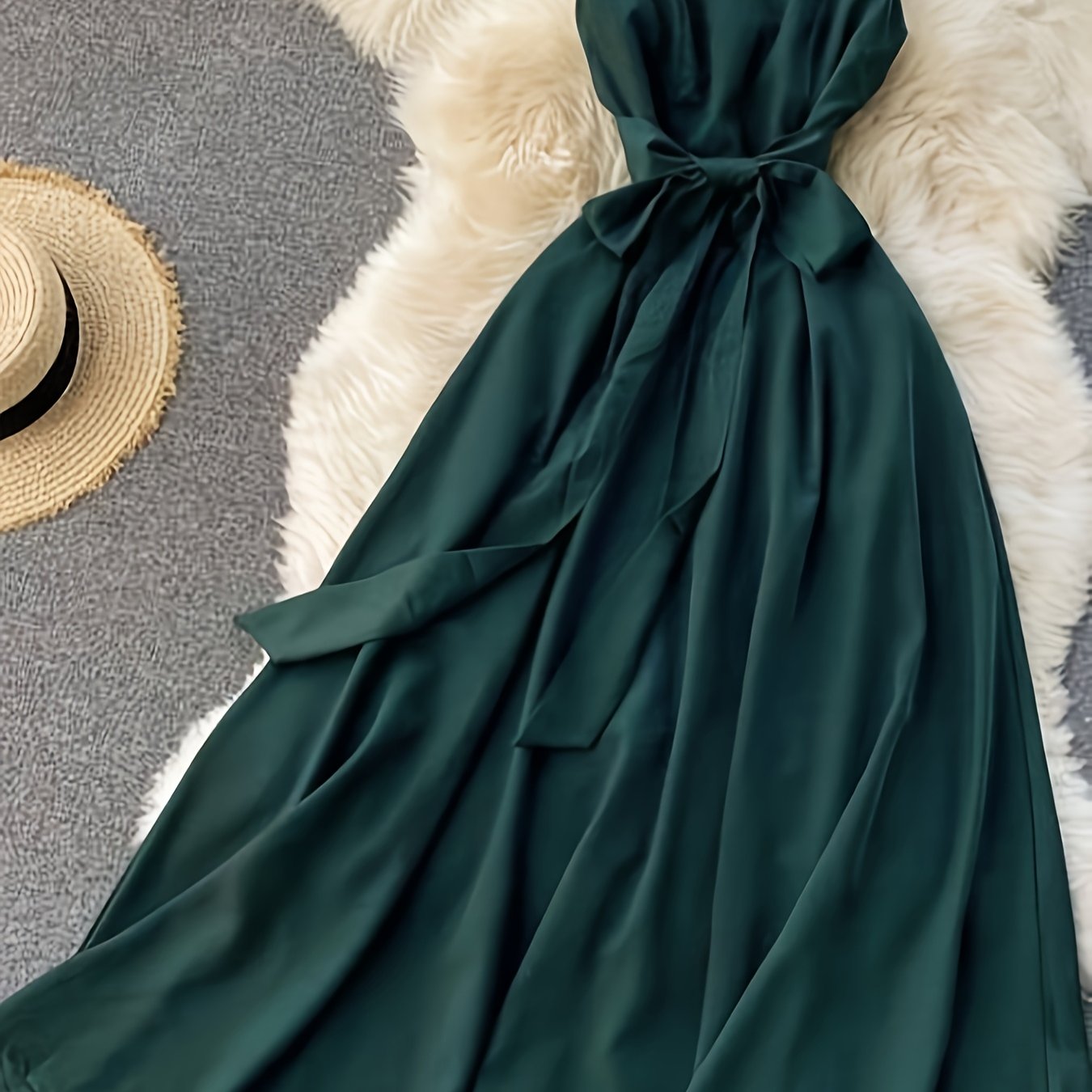 Summer Strapless Dark Green Vacation Beach Dress With V-neck And Flared Hem