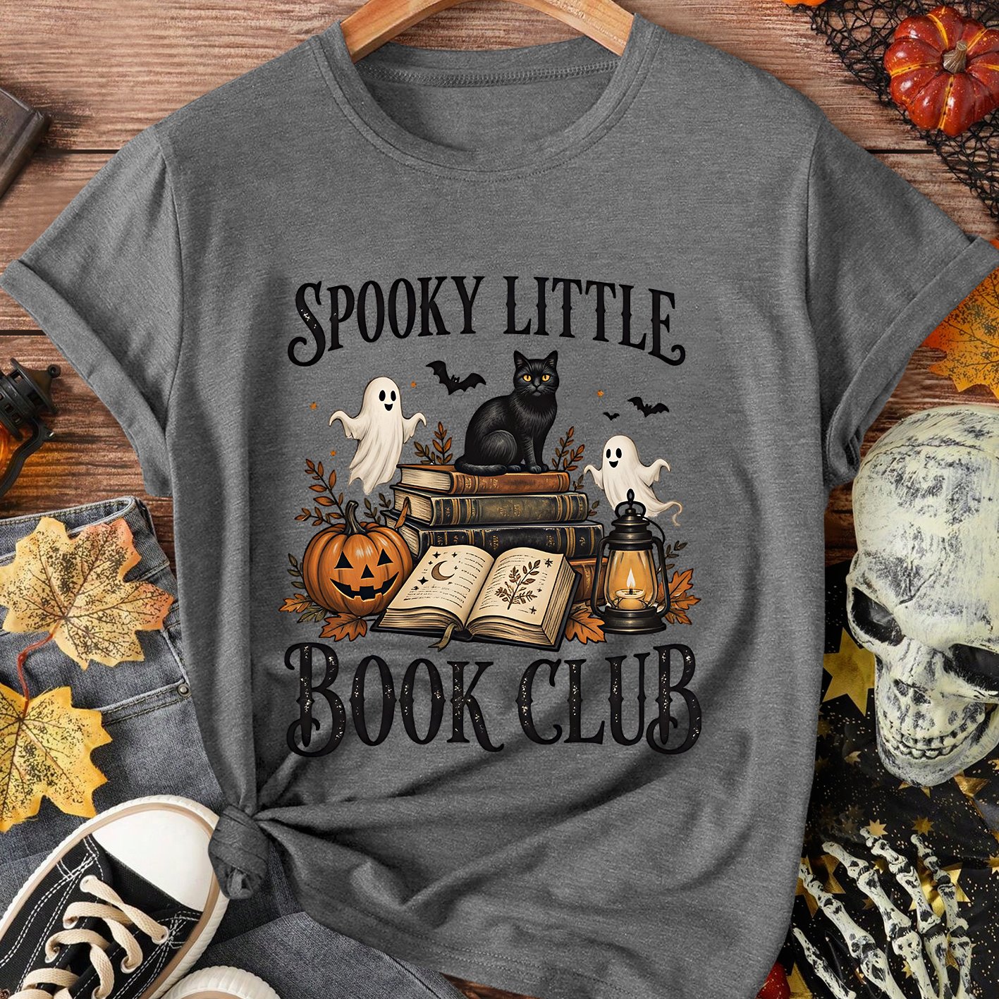TEMU Halloween Costume Black Cat Book Pumpkin Lantern Text Print, Casual Loose Round Neck Top Retro Style, Round Neck Daily Casual Fashion, Women's