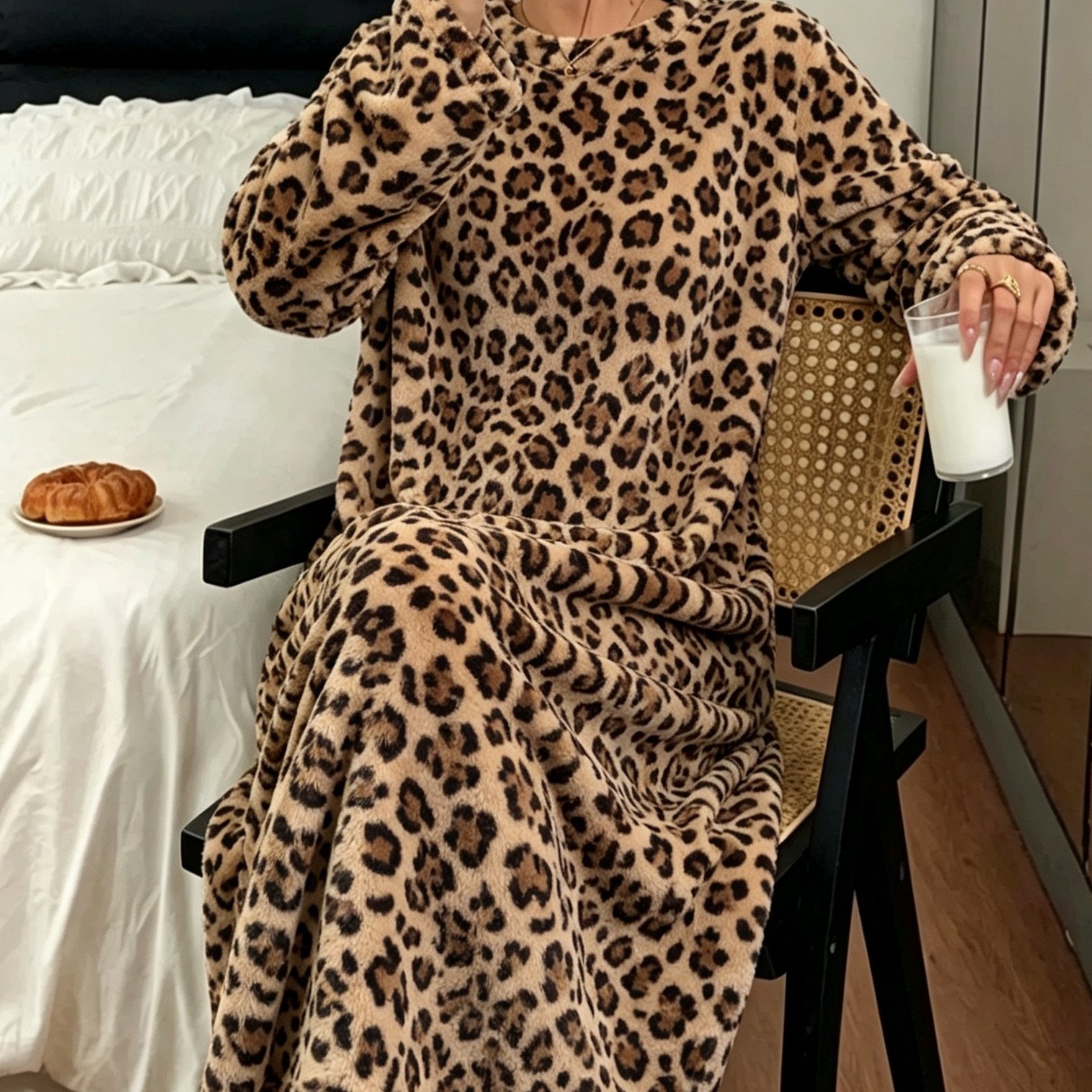 TEMU Robe longue d'intérieur décontractée en marron à imprimé léopard pour femmes - Nuit de détente mode automne/hiver