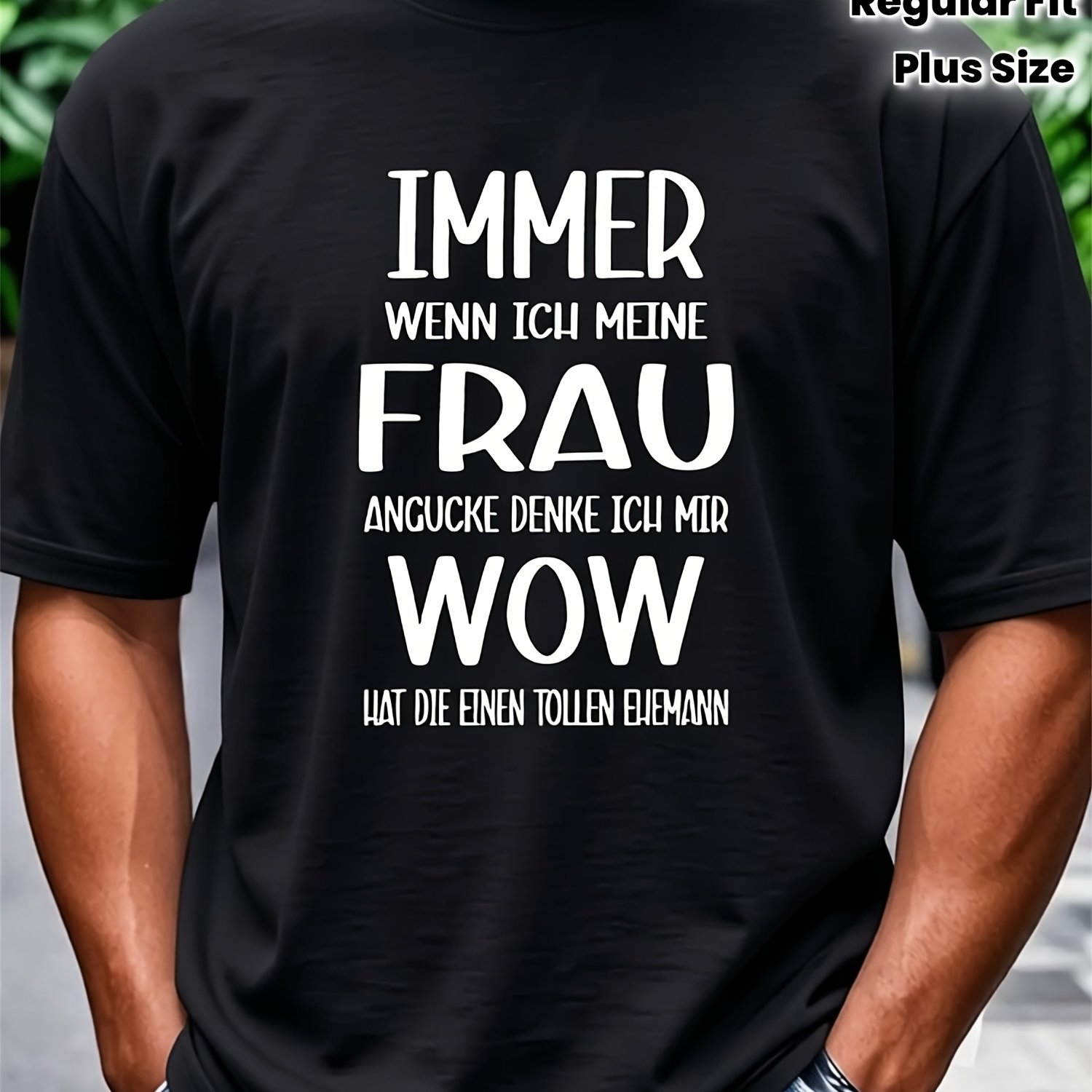Image of Men's Casual T-shirt With German Text Print, Red Geometric Pattern, Round Neck, Regular Fit, Machine Washable, , Durable Statement For Urban Streetwear, Everyday Versatile, Plus Size