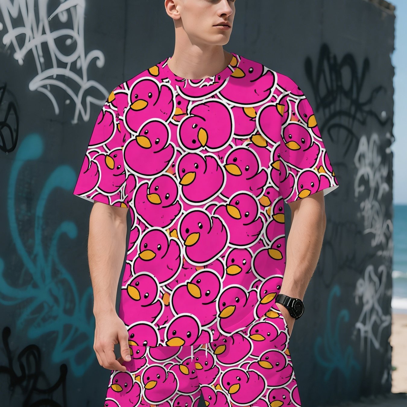 TEMU Printed Design â Not Textured/embroidery/sequins, Not Jean, The Print. Pink Duck Pattern Print, Men's Printed Short-sleeve T-shirt   Shorts Set