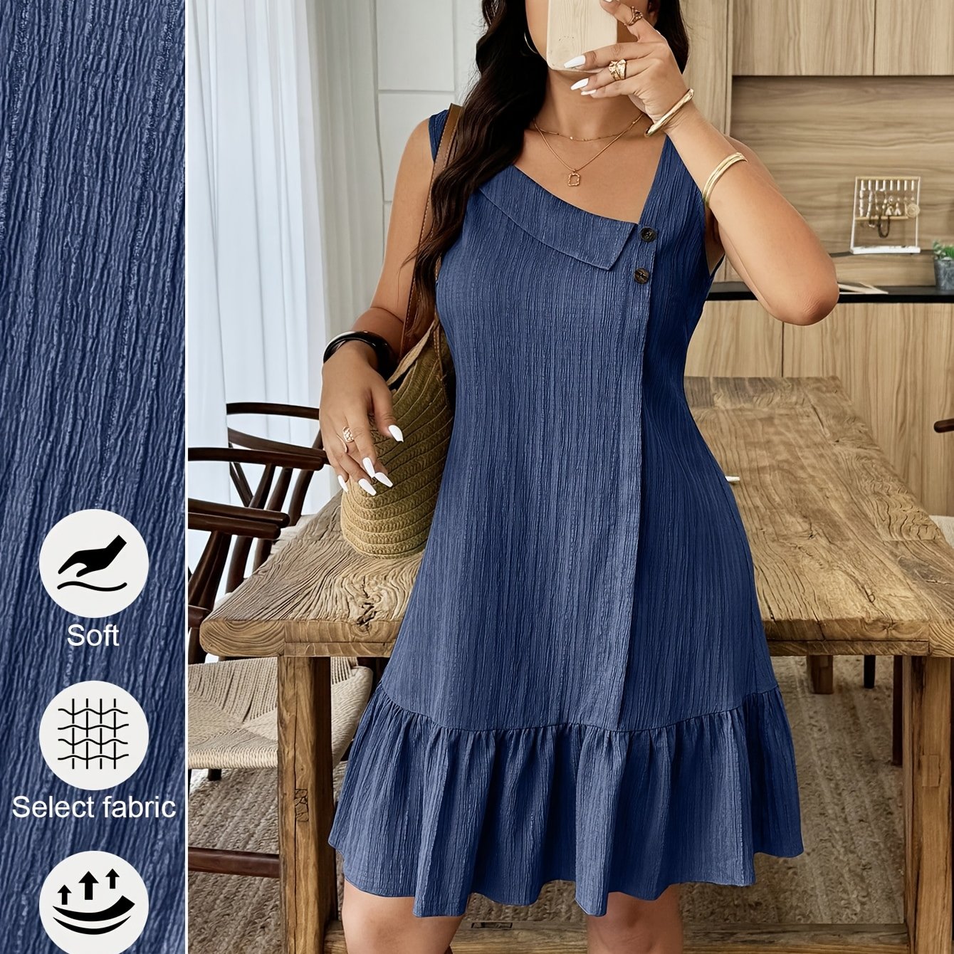 TEMU Plus Size Women's Dress, Spring Summer Textured Waist-cinching Commuter Skirt, Sleeveless Dress