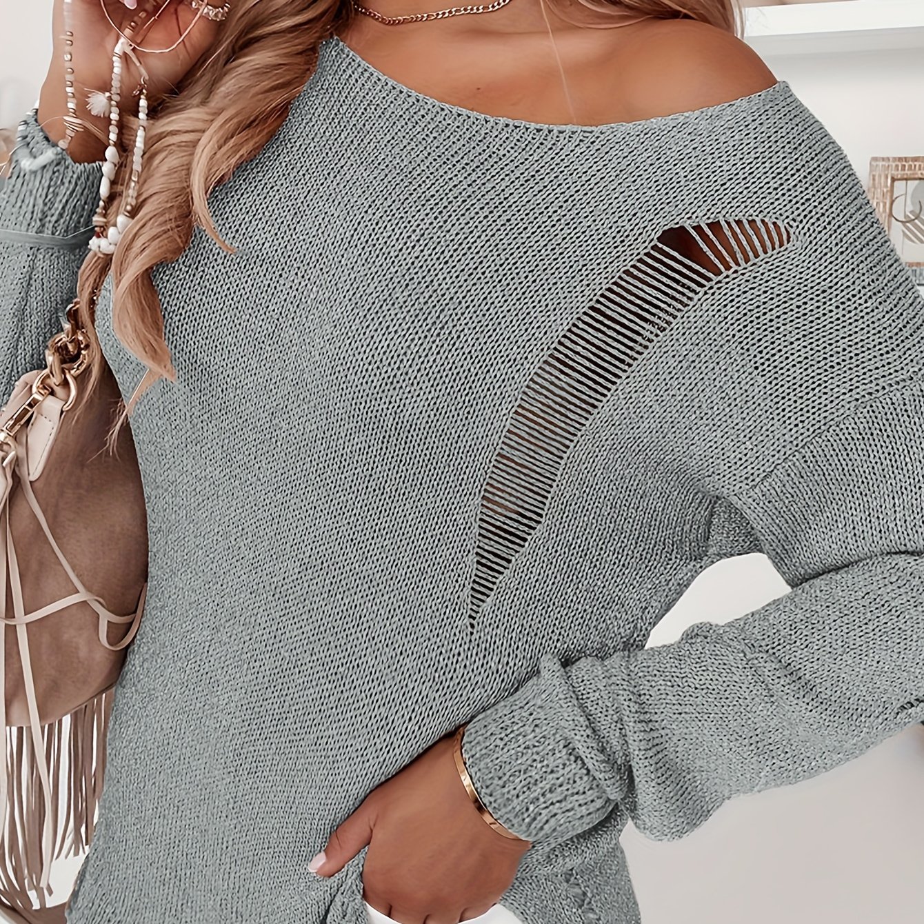 New Women's Casual Fashion Solid Round Neck Distressed Loose Long Sleeve Pullover