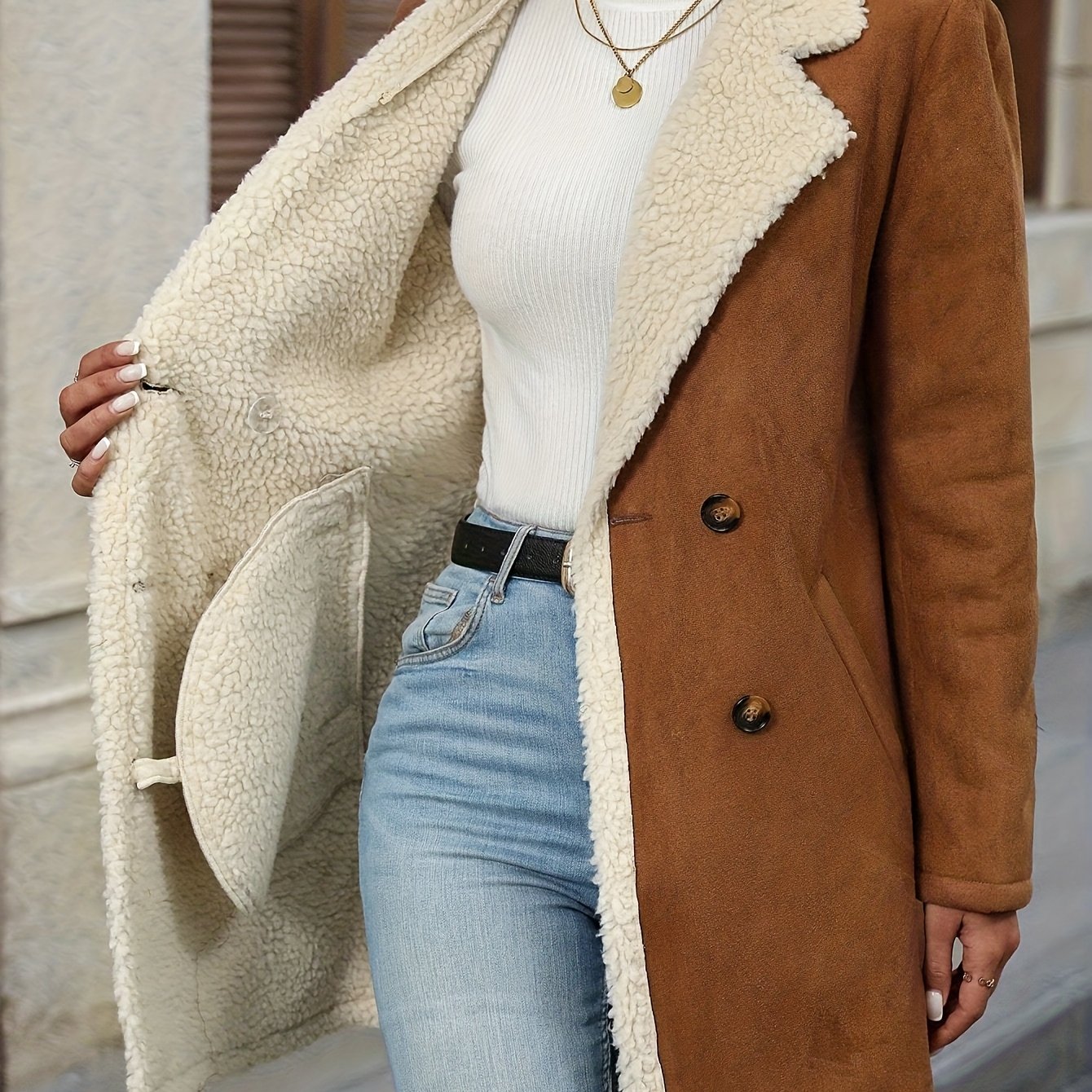 TEMU Plus Size, Women's Elegant Brown Double-breasted Jacket With Fluffy Lining - Button-up, Flap Pockets & Front Suitable For Fall/winter Outerwear,