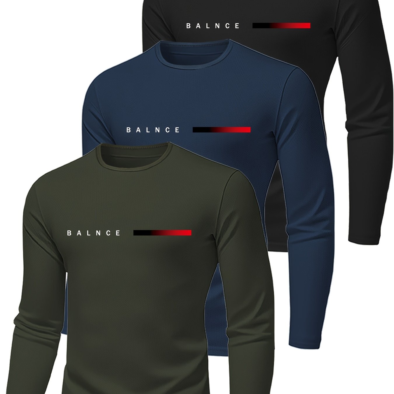 E-shop 3er Set Herren Langarmshirts aus atmungsaktivem Strickstoff, bequeme und lockere Passform. Mit Buchstabenprints, lässigem Rundhals-Design,