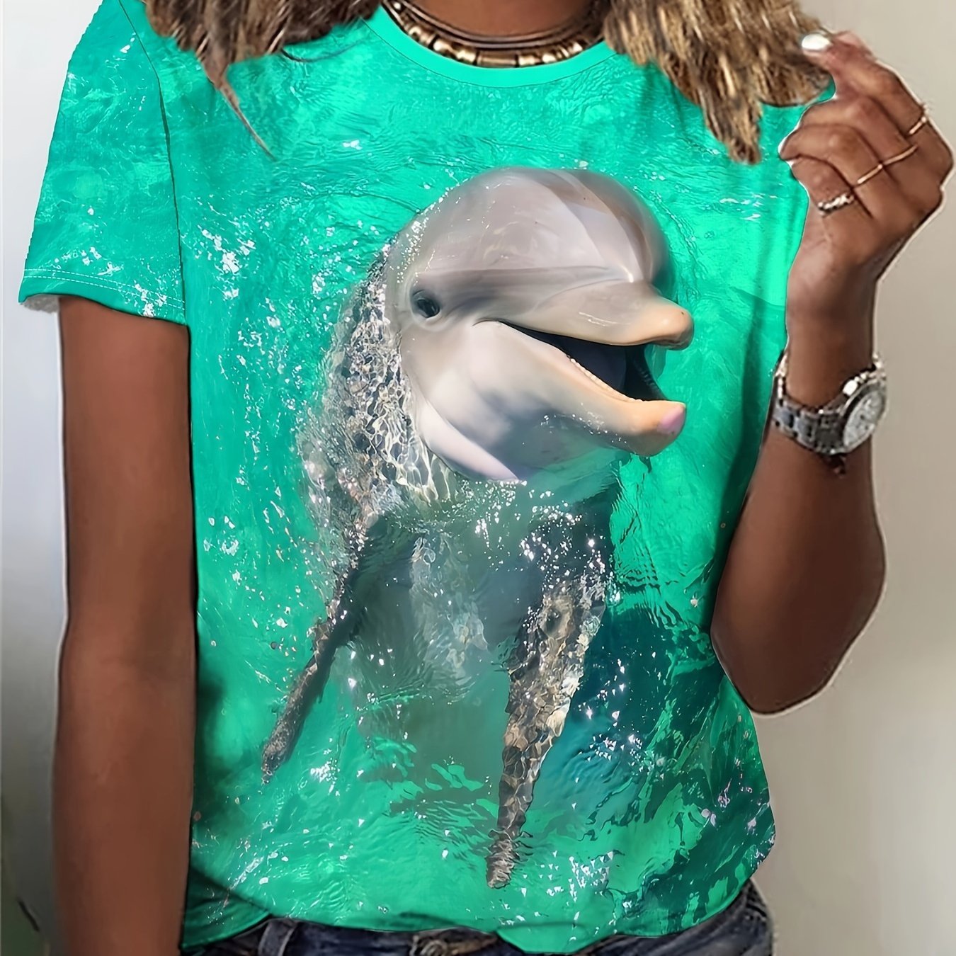 TEMU Mint Green Water-patterned Dolphin Print Short-sleeve Shirt -- A Translucent Print That Features A Clear, Watery Texture With A Dolphin And