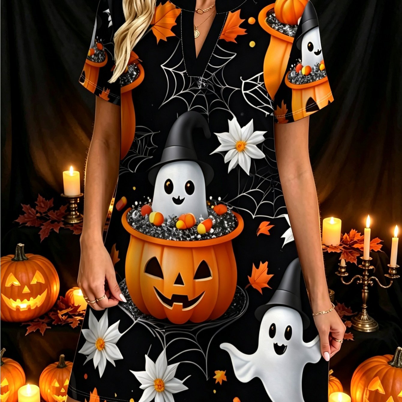 TEMU Halloween New Style European And American Women's Fashion Casual Dress, Spring/summer Cartoon Pumpkin Spiderweb Dress, Daily Casual Comfortable