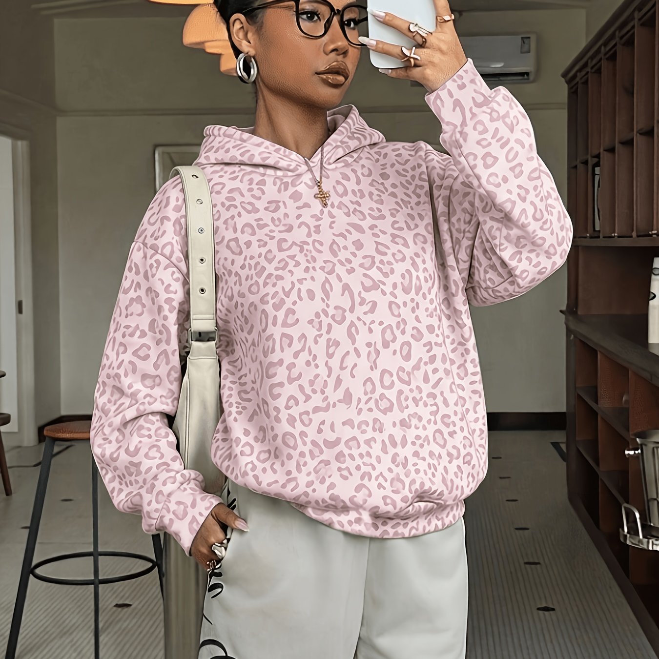 TEMU Women's Fashion Leopard Print Hoodie Sweatshirt