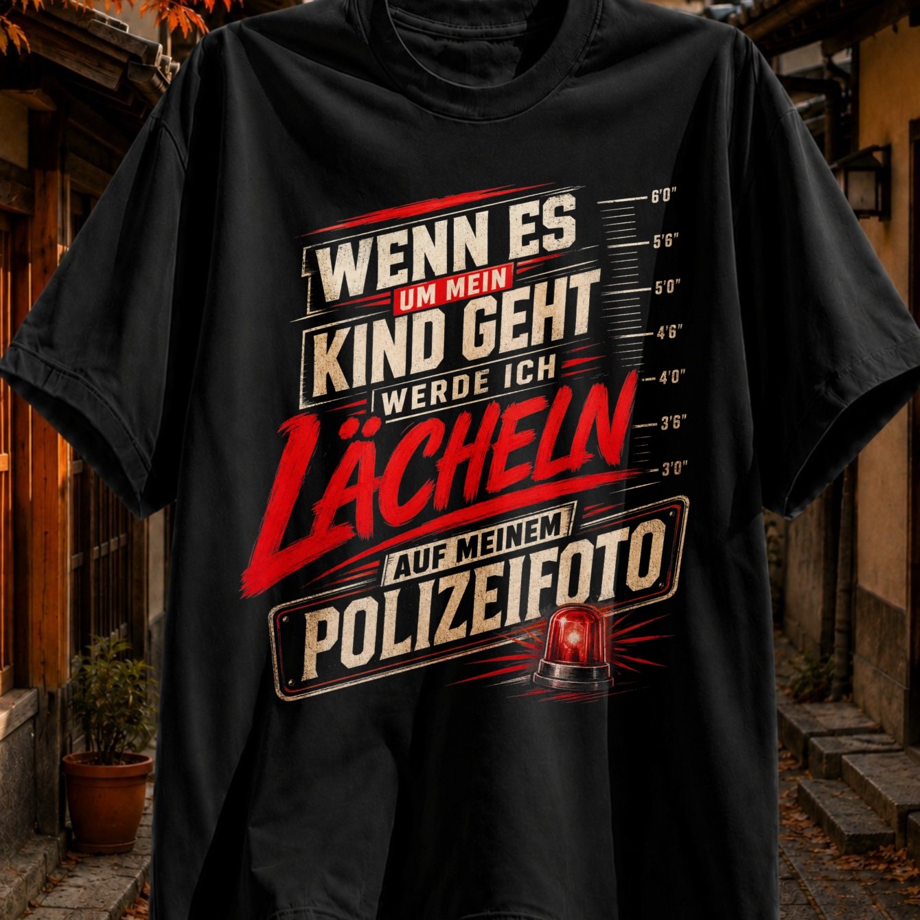 Image of Wenn Es Um Mein Kind Geht Ich Lacheln Auf Meinem Polizeifoto German Quote With Height Marks And Siren Unisex All T-shirt