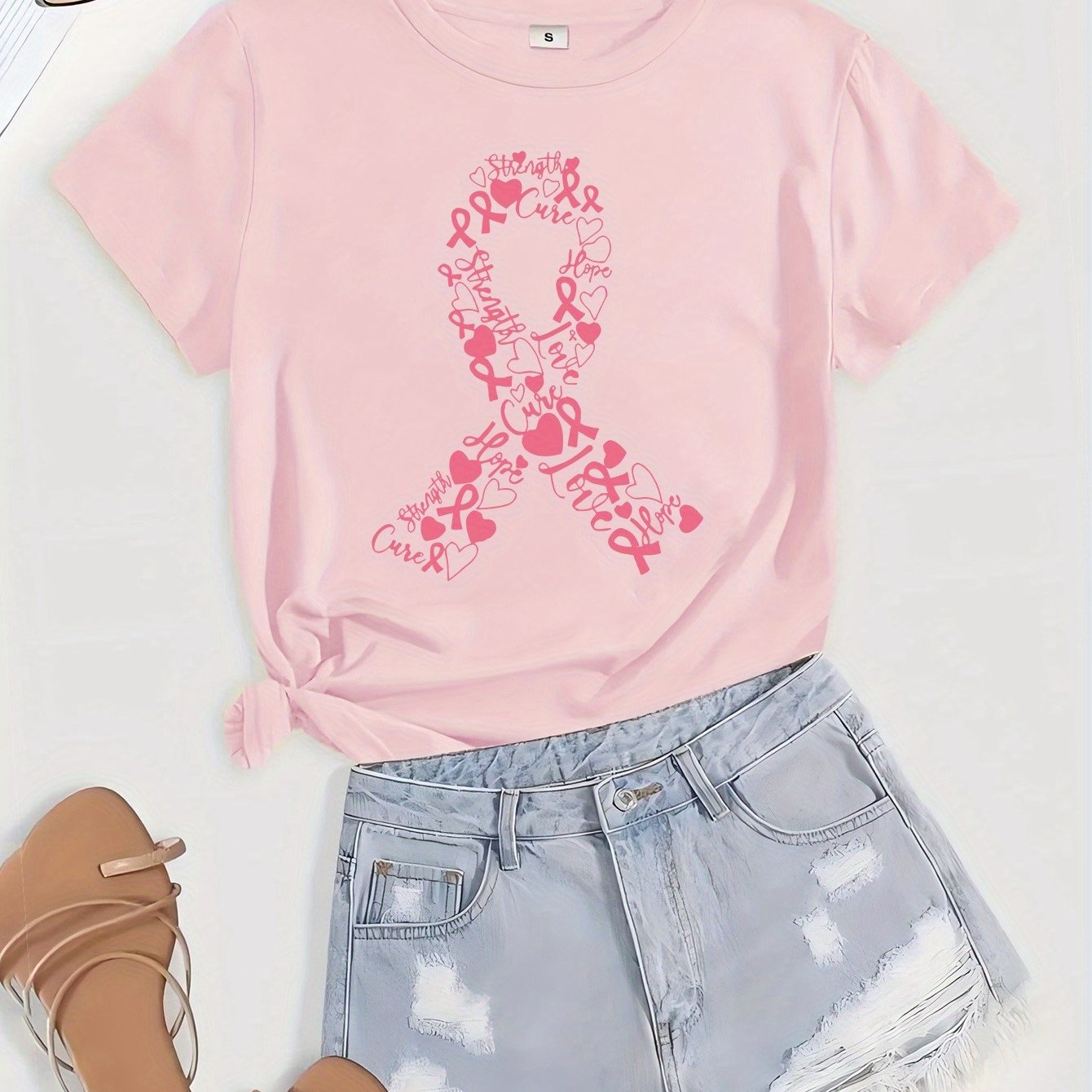 TEMU Breast Cancer Awareness T-shirt - Ribbon & With Ribbon Accent - Casual Round Neck Short Sleeve Top - Ribbon Month For Awareness & - Machine