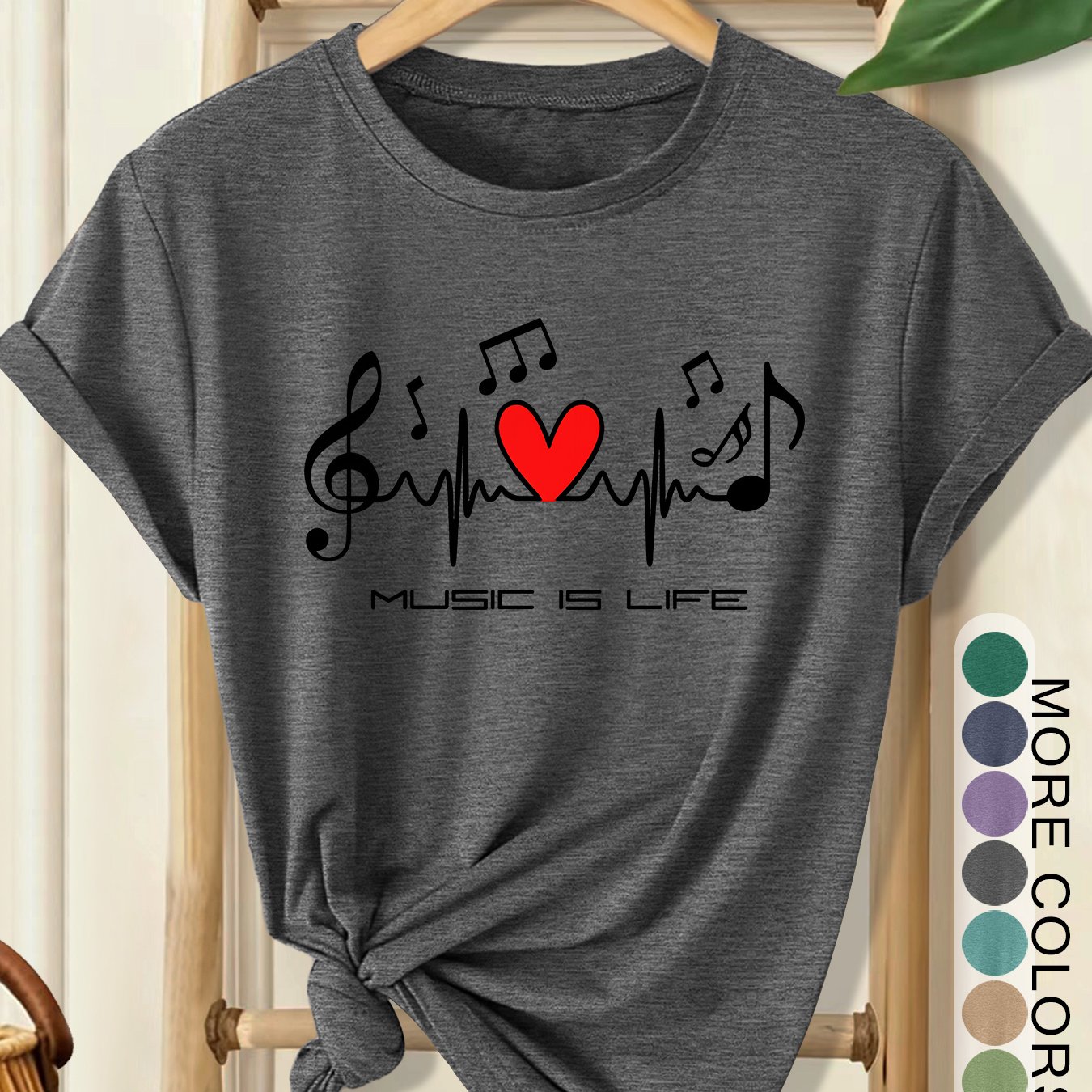 TEMU Women's Elegant Style Plus Size Loose Short Sleeve, Musical Note, Treble Clef, Ekg Line Composition Print Round Neck Comfortable Soft Breathable