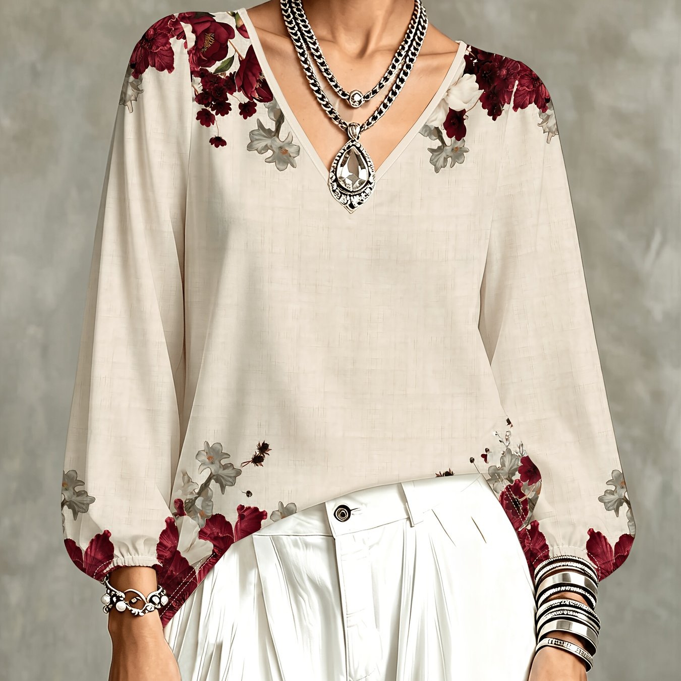 TEMU Women's Long Sleeve V-neck T-shirt, Vintage Burgundy And White Floral Print