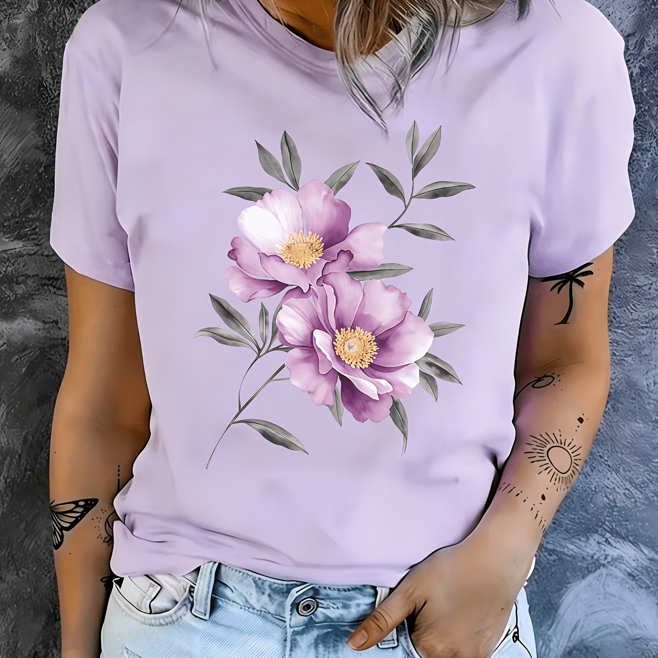 TEMU Women's Round Neck Trendy Gentle Style Double Flower Print T-shirt, /summer Comfortable Short Sleeve, Outdoor Wear, Family Outfits, Gift