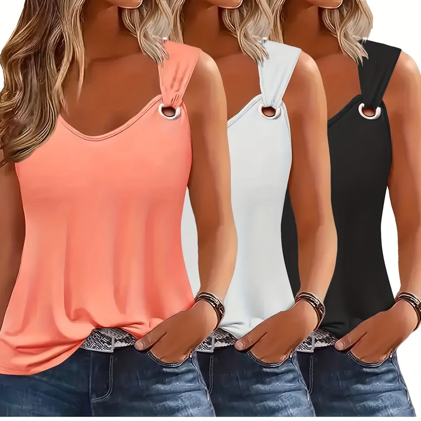 E-shop Sommer Damen Tank Top Set 3-teilig - Ärmellose V-Ausschnitt Shirts, Maschinenwaschbar, Einfarbige Freizeitwesten für Frühling und Sommer