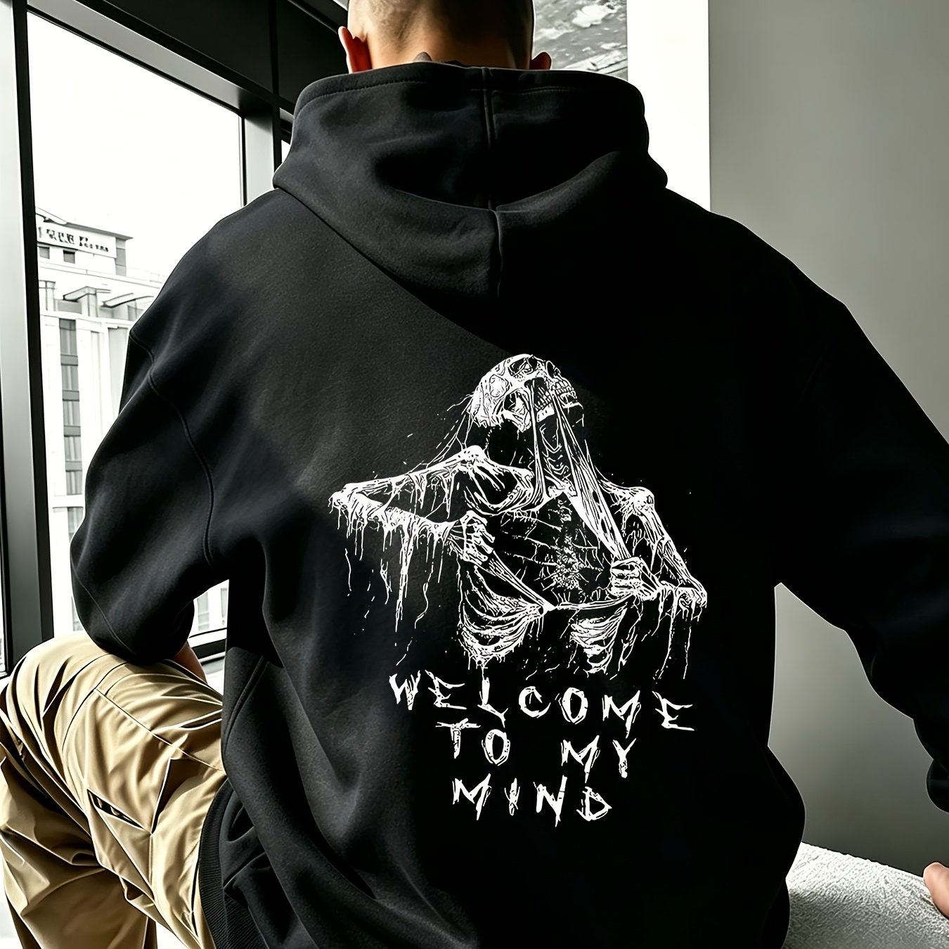 Image of Men's Spring Hoodie - Reaper Skull Graphic | 'welcome To ' Slogan | Dark Gothic Streetwear | Oversized Loose Fit | Horror Aesthetic Pullover