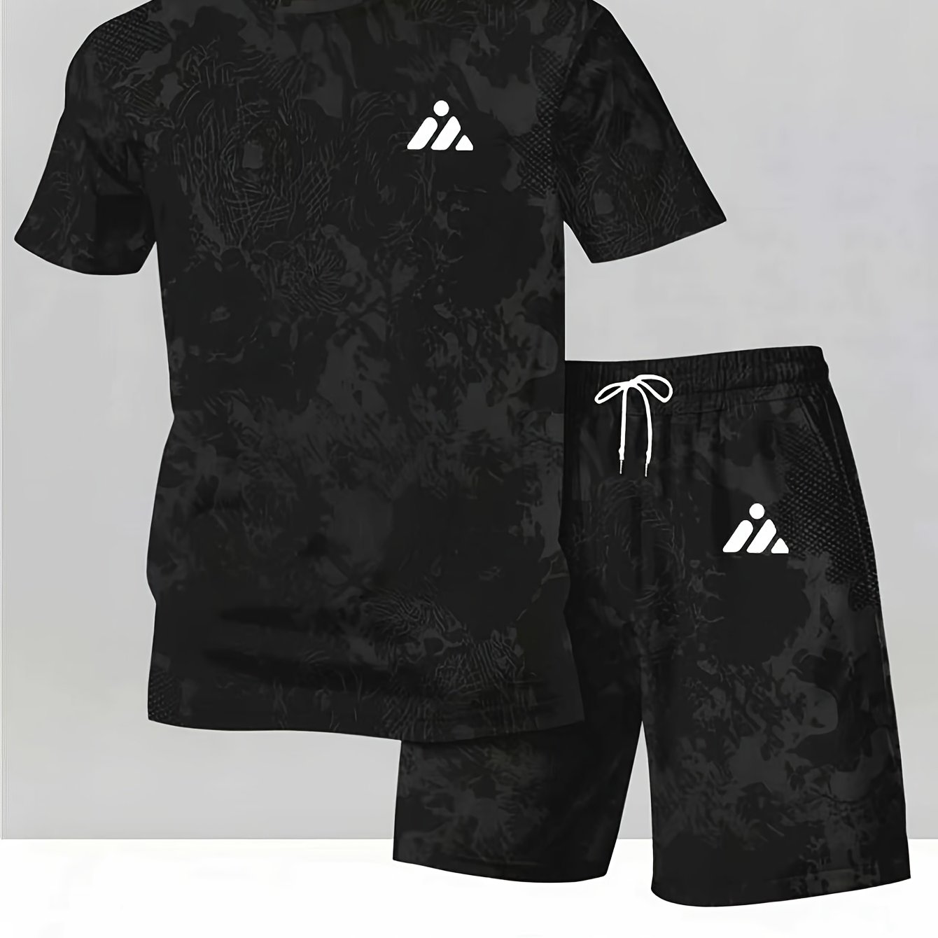 TEMU Summer Men's Athletic Set, Round Neck Breathable Tie-dye Dark Pattern Short Sleeve T-shirt And Drawstring Shorts 2pcs Set, Loose Comfortable