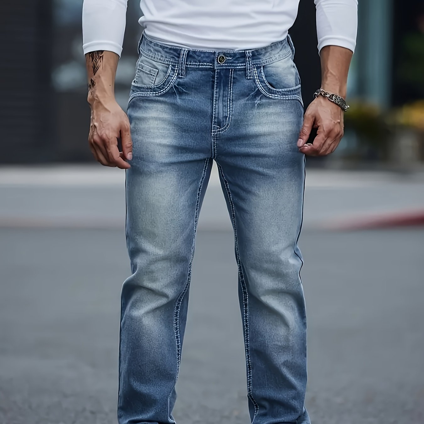 TEMU Men's Fashionable Slim-fit Jeans With A Mid-rise Design, Featuring A Bit Of Stretch And Resistance To Wrinkles. 5-, With A Vintage Washed Blue