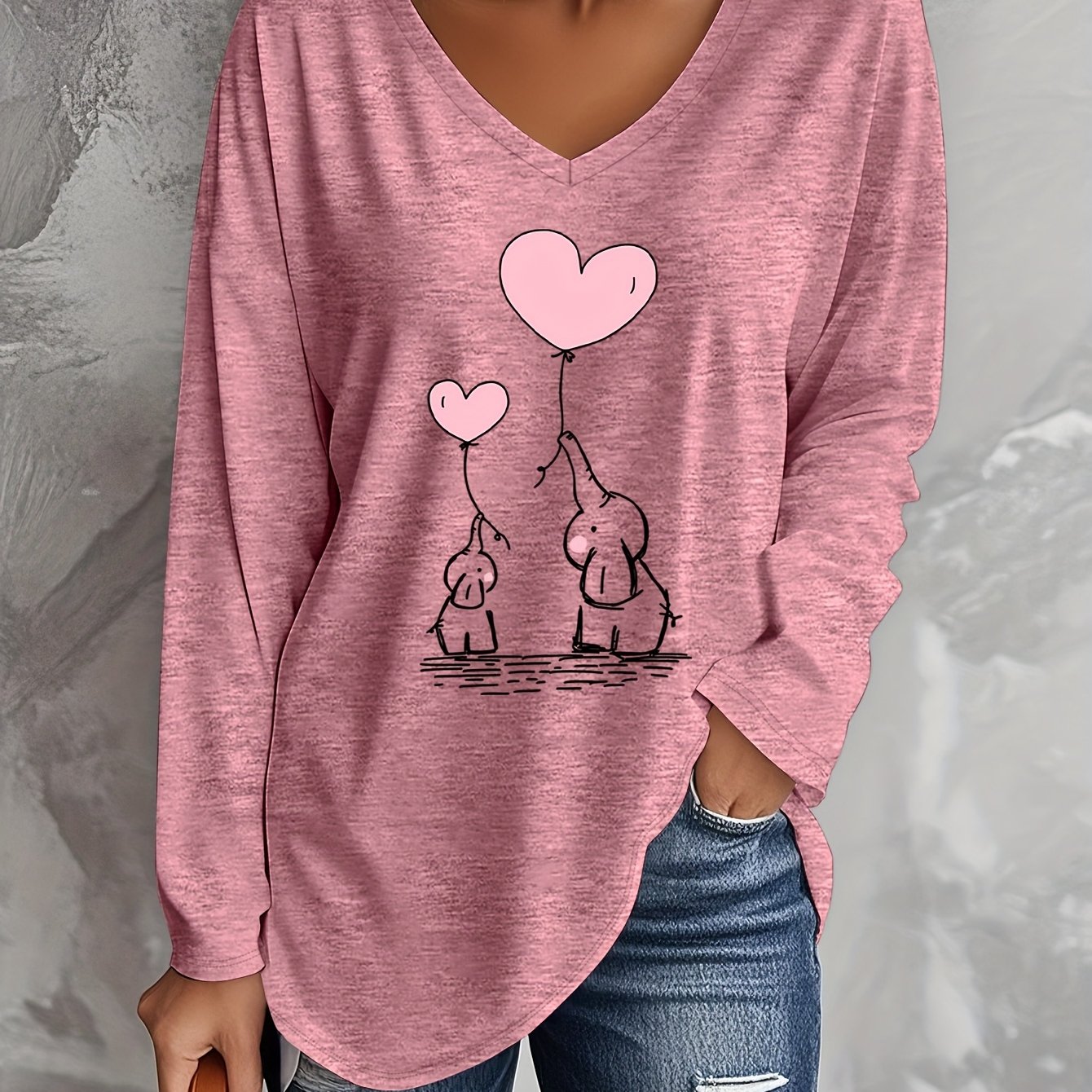TEMU Plus Size, /summer Plus-size Women's Fashion Elephant Mom And Elephant Long-sleeve V-neck T-shirt, Rayon - Soft, , Machine Washable, Loose ,