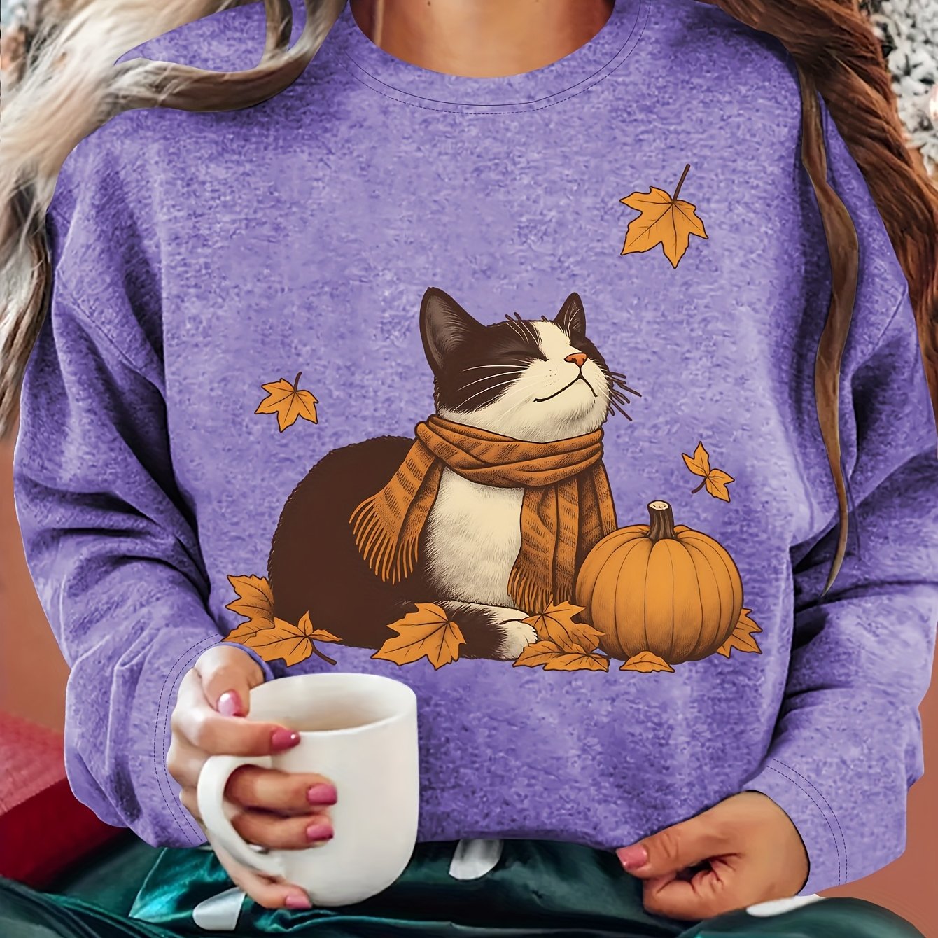 TEMU Women's Winter Clothing Autumn Winter Vibe Cat Cozy On Print Round Neck Long Sleeve T-shirt Comfortable Soft Fashionable Elegant Vintage Casual