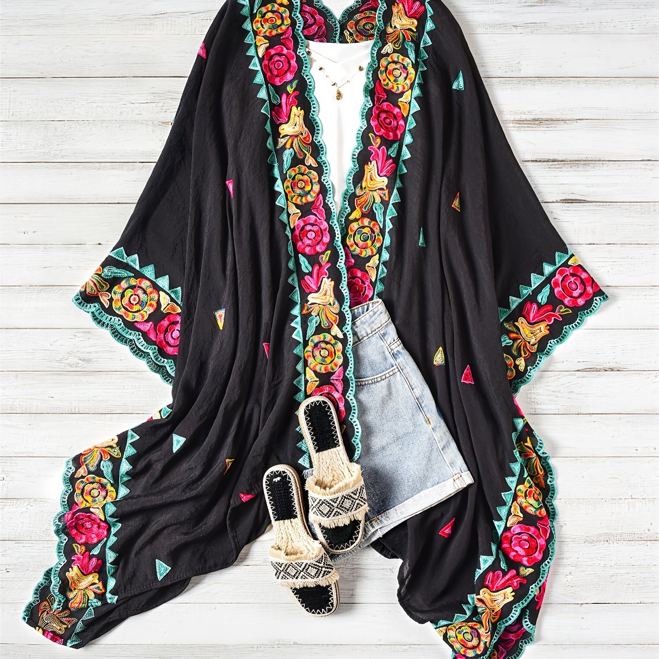 TEMU Plus Size, Bohemian Floral Embroidered Cardigan, Women's Lightweight Beach Cardigan, Outerwear