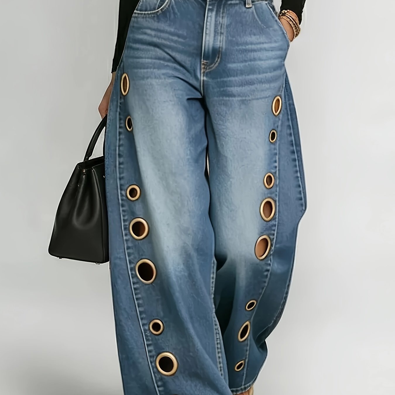 TEMU Denim Jeans For Women, With Metal Eyelets Designed For Casual And Loose Fit, High Waisted And Wide Leg Jeans. Street Trendy And Cool Women's
