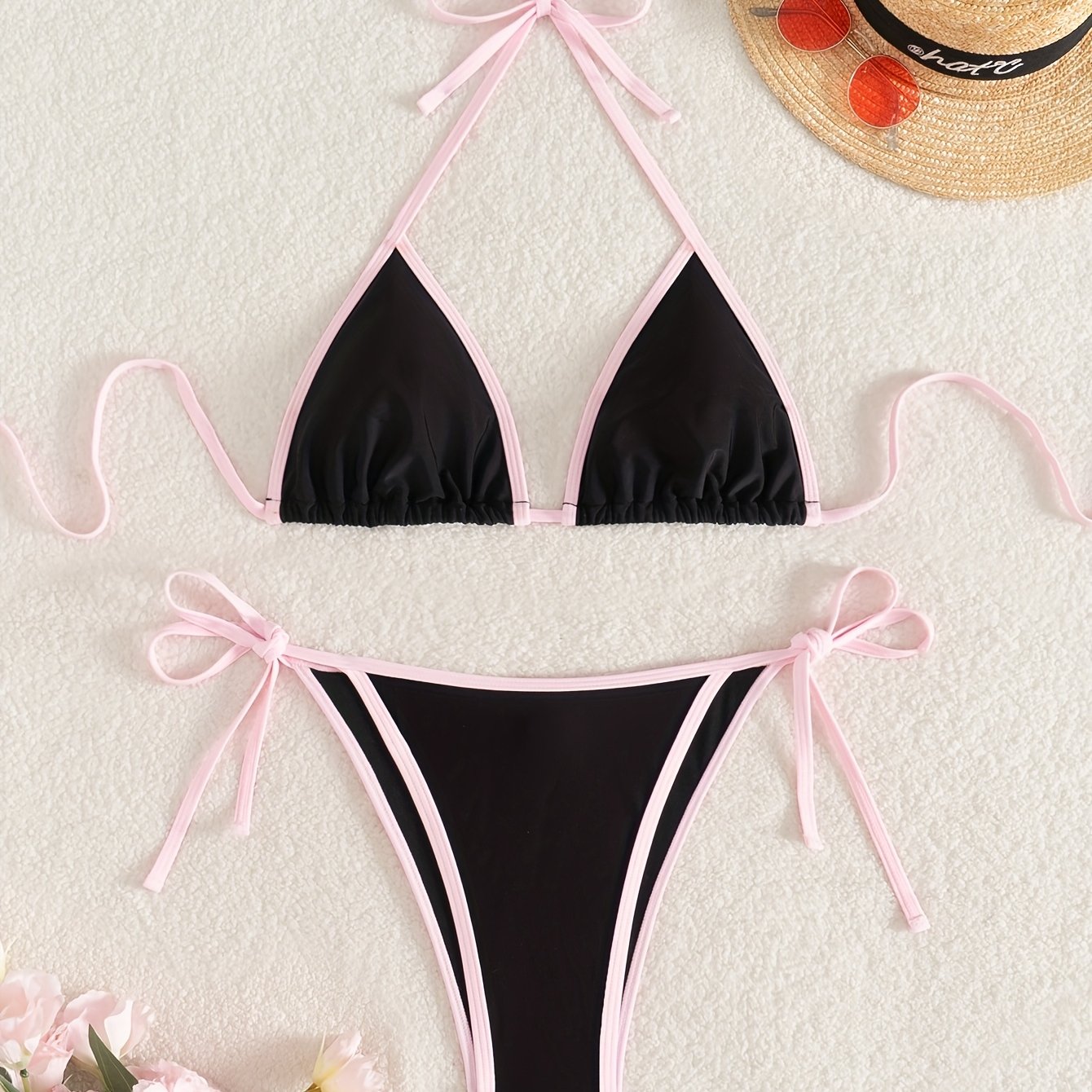 E-shop Damen 2-teiliges Rosa und Schwarz Mischung Sexy Strandurlaub Bikini-Set