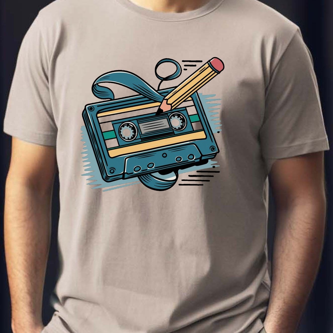 TEMU Retro Cassette Tape Print, Men's Round Crew Neck Short Sleeve Tee, Comfortable Casual T-shirt For Summer