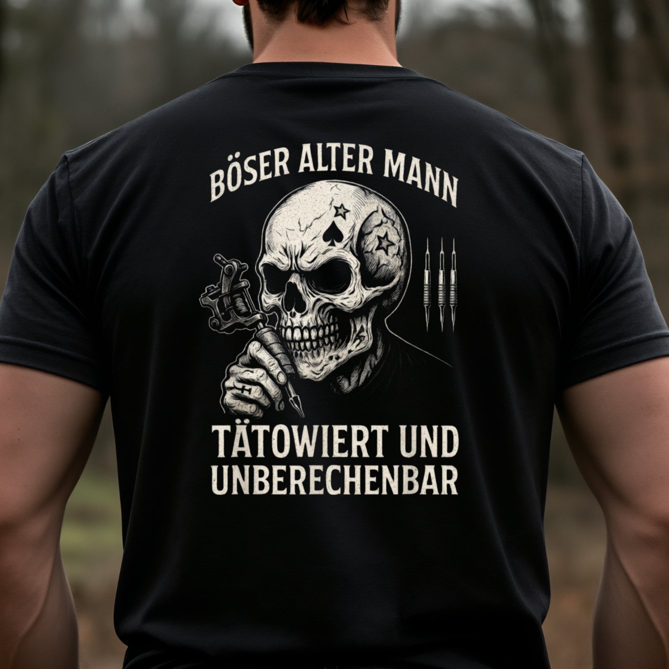 Plus Size Edgy Graphic Men's T-shirt With Skull Tattoo Design, German Text Angry Old For Man, Tattooed, , Streetwear Style Casual Wear And Autumn, Him, Back Print, Oversize, Plus Size