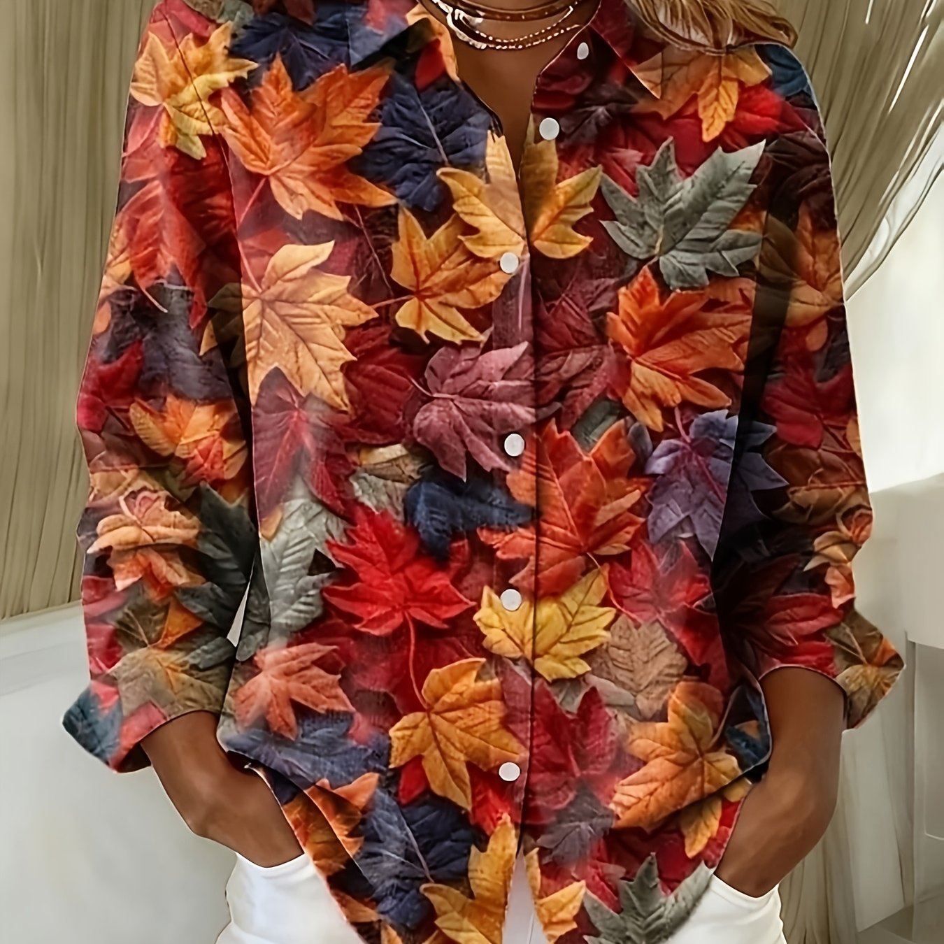 TEMU Elegant Women's Shirt Top, Floral Pattern, Vintage Tropical Style, Fashionable Long Sleeve Shirt, Lapel Collar, Regular , Daily Button Print,