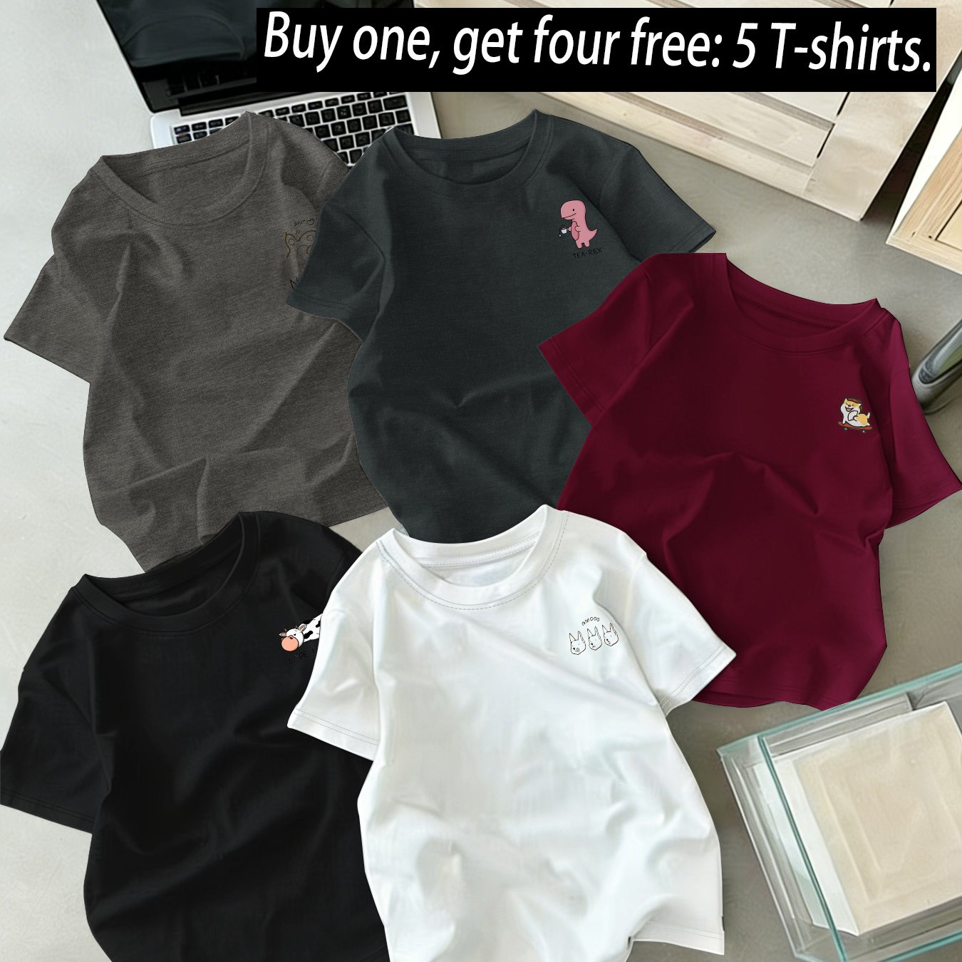 TEMU 5pcs T-shirt Set, Each Stylish And Must-have For. Versatile Short-sleeve T-shirts Feature Different Prints