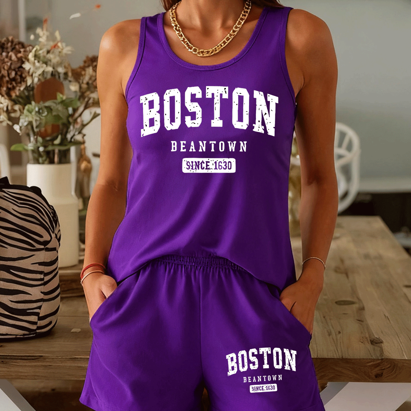 TEMU Summer Boston Theme Vintage For Women - Boston Vest And Shorts Casual Two-piece Outfit, Comfortable Women's Fashion Apparel - Soft, Breathable,