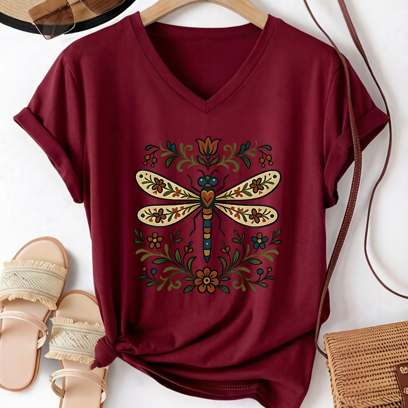 TEMU V-neck Short-sleeved T-shirt Women's Ethnic Print Loose Versatile -color Optional Summer Casual