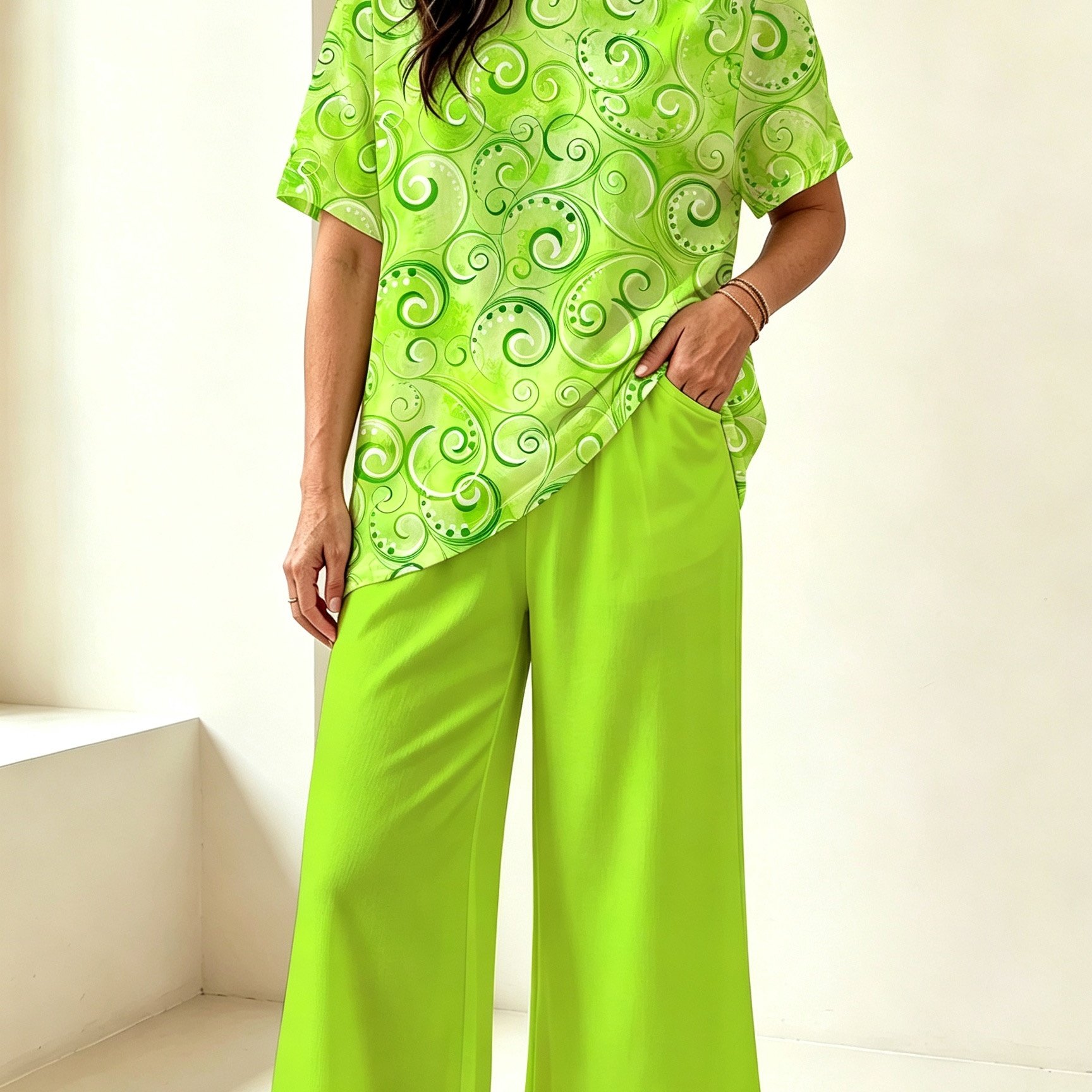 TEMU Plus Size, Plus Size Women's Elegant Fashion Set, Clover Print Round Neck T-shirt 2pcs Set, Suitable For Home, Travel, Parties, Vacation.