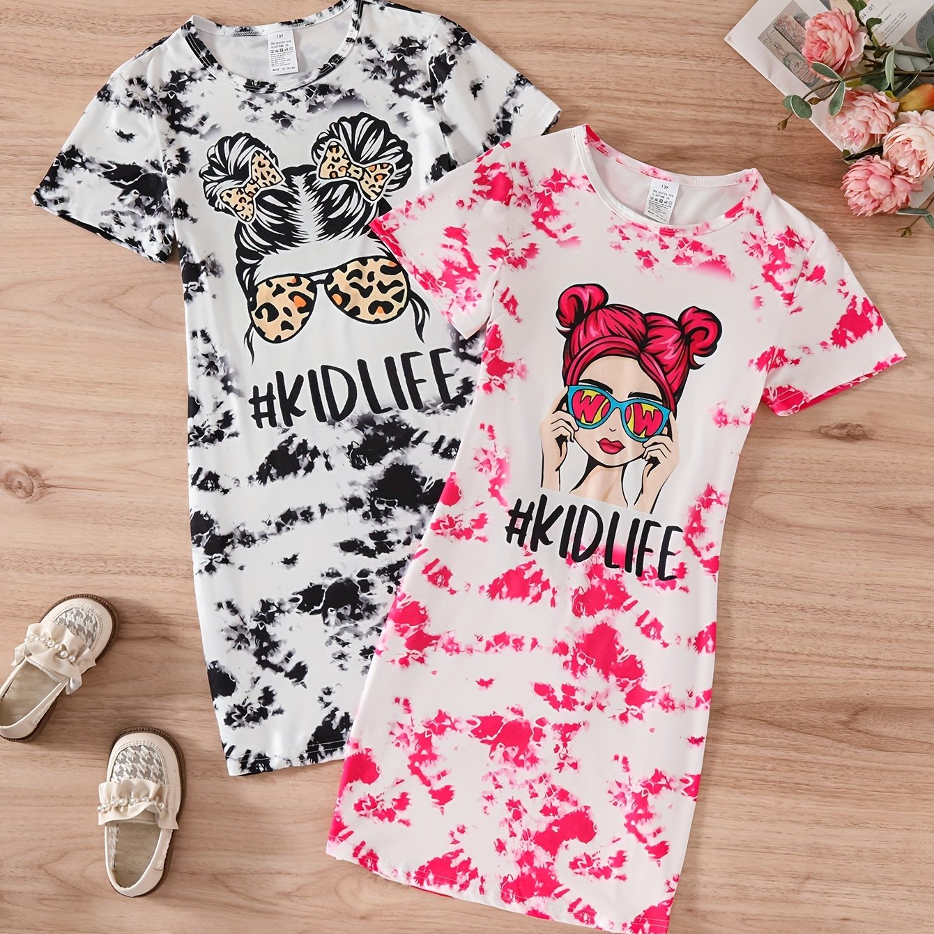 Image of 2pcs Set 13-16, Girls' Print Dress Suitable For And Summer , Friend Gatherings, And Outdoor Play, For Teenager
