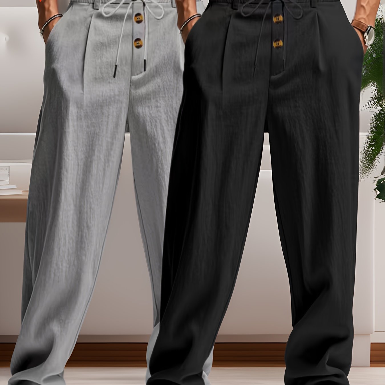 E-shop 2er-Pack Herren Leinen Einfarbige Britische Business Casual Hosen mit geradem Bein, elastischem Kordelzug und Knopfdesign, lässige lange Hosen,