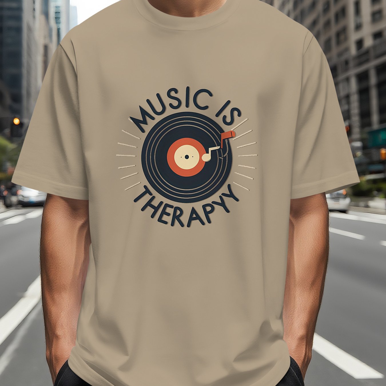 TEMU Plus Size Men's Vinyl Record Music T-shirt | Vintage Record Print | Slogan ' Therapy' | Casual Short Sleeves | Outfit For Music Lovers