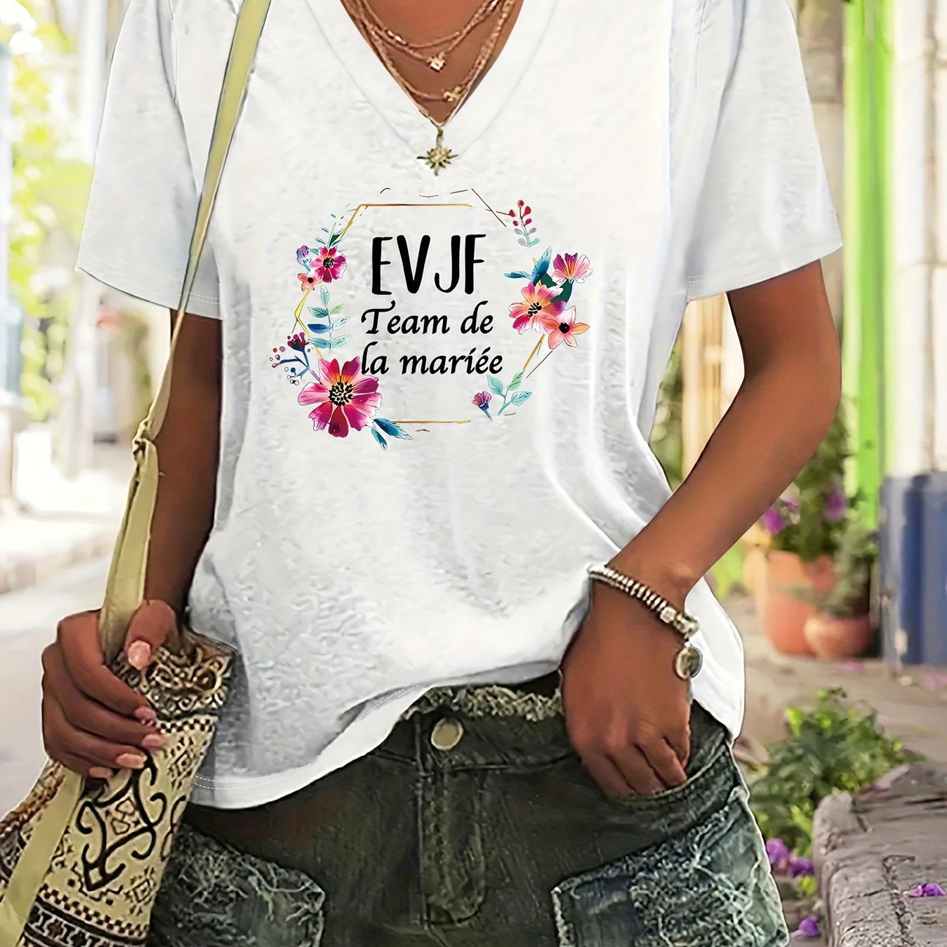 TEMU T-shirt à imprimé de lettres, haut décontracté à manches courtes et col en V pour l'été et , vêtements pour femmes