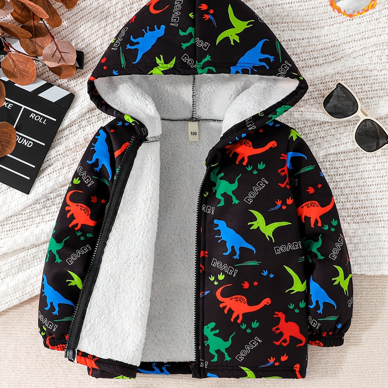 TEMU Boys' And Girls' Autumn/winter -lined Warm Jacket, Black Hooded Long-sleeve Zip-up Top With Colorful Dinosaur Print + Elastic Cuff Design. Soft,