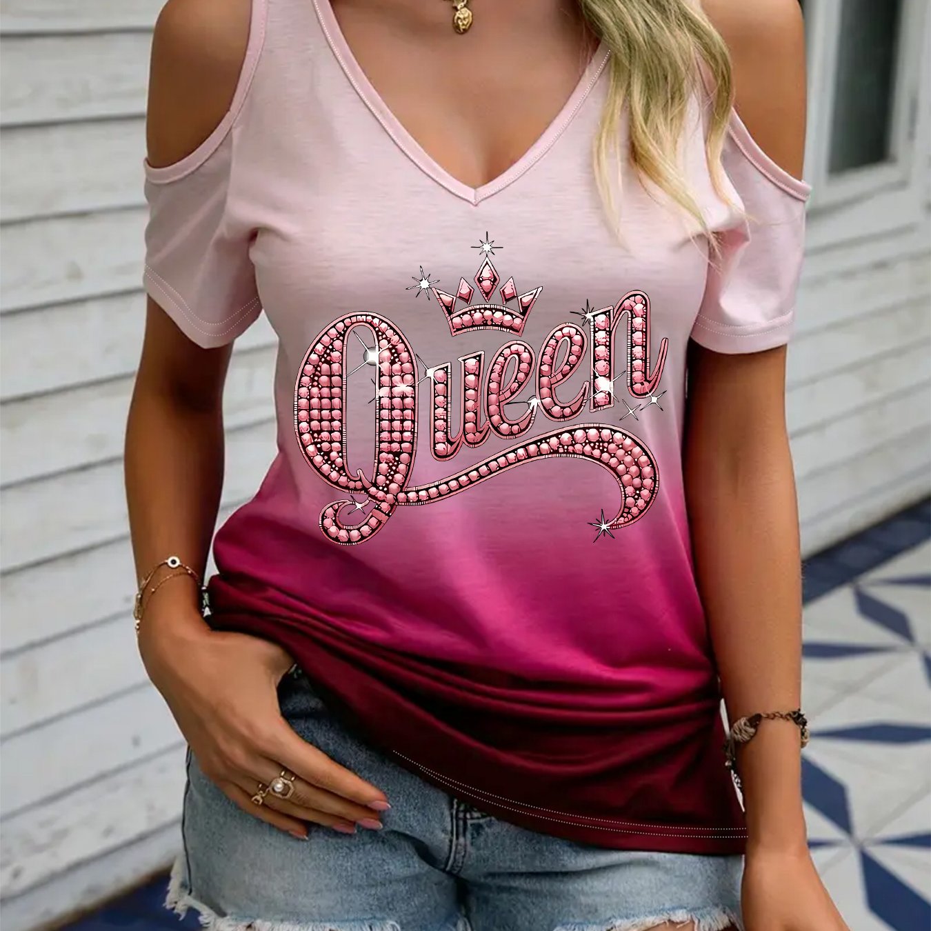 TEMU 045# Women's Color-block Off-shoulder V-neck Short Sleeve T-shirt, Gradient Pink Off-shoulder Short Sleeve With Queen , Fashionable, , And