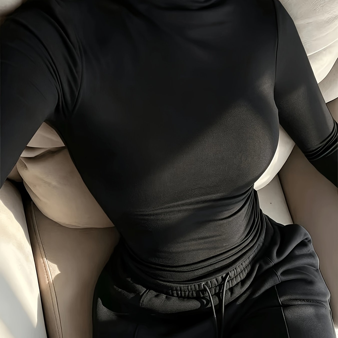TEMU Modisches, schlichtes Damen-Langarm-T-Shirt in einfarbiger Farbe mit hohem Kragen